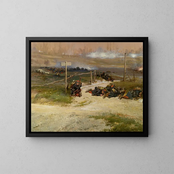 Am Fuß des Pfostens, Fragment des Panoramas der Schlacht von Champigny - Jean-Baptiste Édouard Detaille — gerahmtes Bild an der Wand