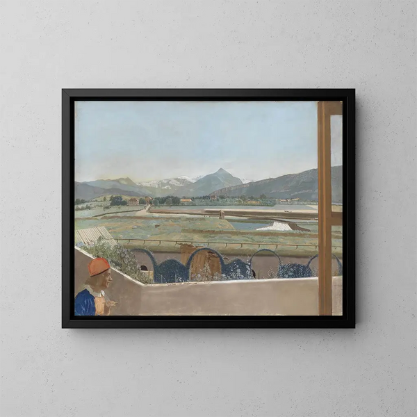 Blick auf das Mont-Blanc-Massiv vom Künstleratelier in Genf mit einem Selbstporträt - Jean-Étienne Liotard — gerahmtes Bild an der Wand