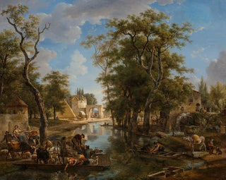 JeanLouis Demarne - A lively canal scene with ferries and boats conveying townspeople and animals.webp