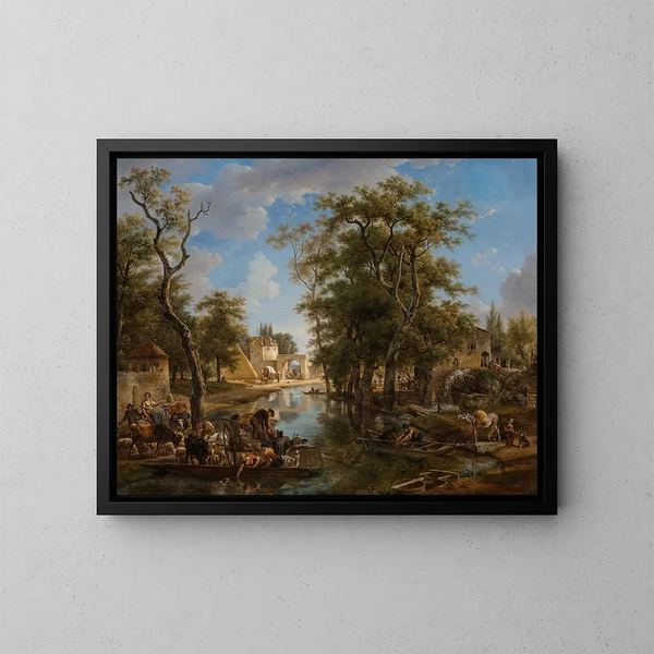 Eine lebendige Szene eines Kanals mit Fährschiffen und Booten, die Einwohner und Tiere transportieren - Jean-Louis Demarne — gerahmtes Bild an der Wand
