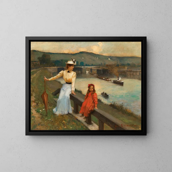 Mutter und Tochter am Flussufer - Jean-Paul Sinibaldi — gerahmtes Bild an der Wand