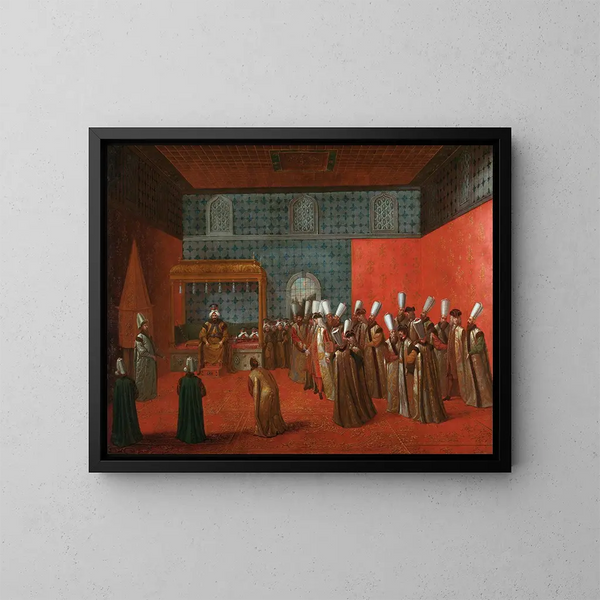 L'ambassadeur Cornelis Calkoen bei seiner Audienz beim Sultan Ahmed III - Jean-Baptiste Vanmour — gerahmtes Bild an der Wand