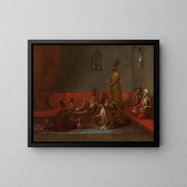 Dervisches, die eine Mahlzeit teilen - Jean-Baptiste Vanmour — gerahmtes Bild an der Wand