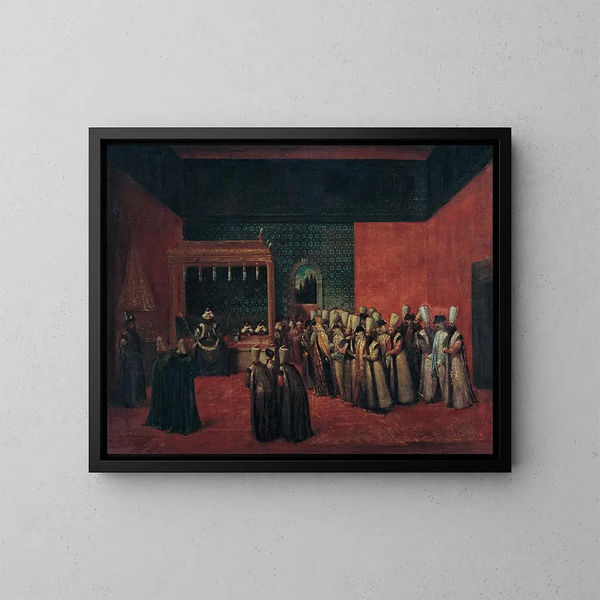 Sultan Ahmed III empfängt einen europäischen Botschafter - Jean-Baptiste Vanmour — gerahmtes Bild an der Wand
