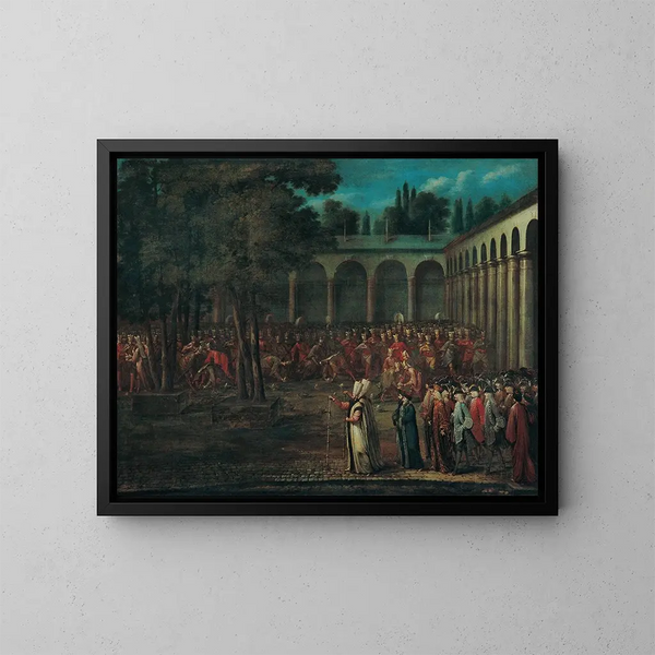 Die diplomatische Vertretung, die den zweiten Hof des Topkapi-Palasts durchquert - Jean-Baptiste Vanmour — gerahmtes Bild an der Wand