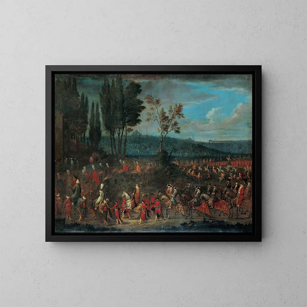 Die Prozession der Botschafter - Jean-Baptiste Vanmour — gerahmtes Bild an der Wand