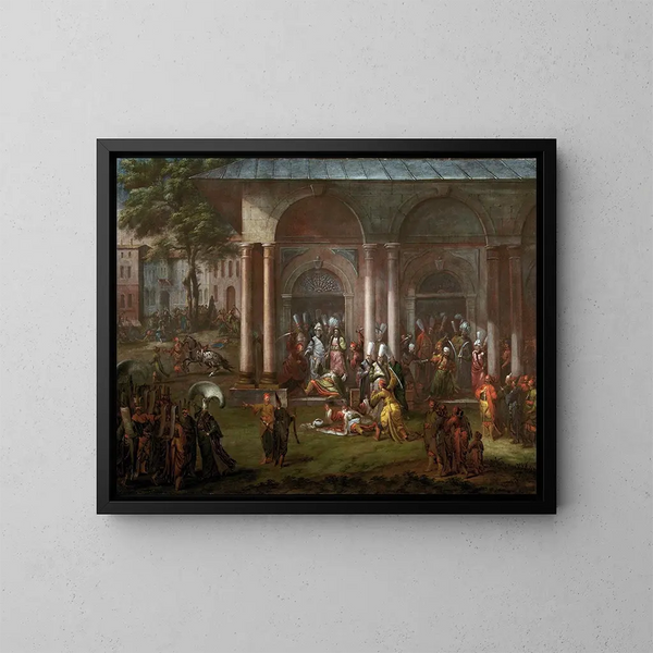 Der Mord an Patrona Halil und seinen rebellischen Begleitern - Jean-Baptiste Vanmour — gerahmtes Bild an der Wand