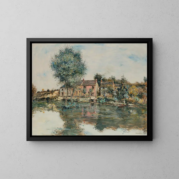 Das rosarote Haus am Ufer der Oise - Jean François Raffaëlli — gerahmtes Bild an der Wand