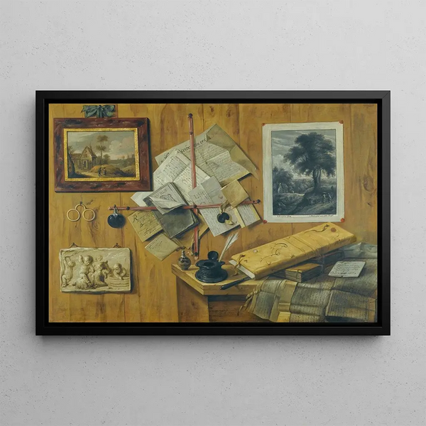 Jean Franois de La Motte - A Trompe Loeil Still Life With A Painted Landscape A Relief And A Mezzotint Of Peasants By A Cottage.webp