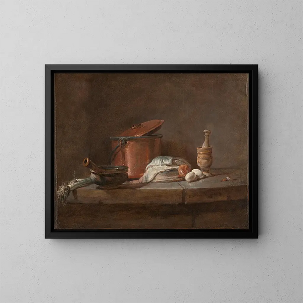 Küchenutensilien mit Lauch, Fisch und Eiern - Jean Siméon Chardin — gerahmtes Bild an der Wand