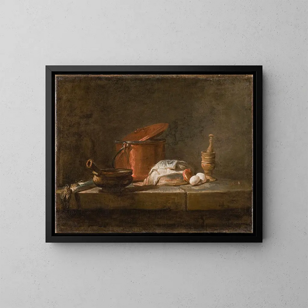 Stillleben mit Küchenutensilien und Gemüse - Jean Siméon Chardin — gerahmtes Bild an der Wand
