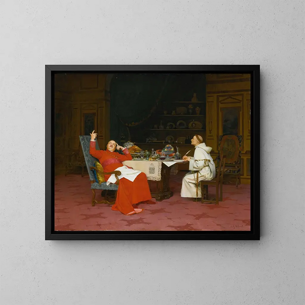 Predigt über Enthaltsamkeit - Jehan Georges Vibert — gerahmtes Bild an der Wand