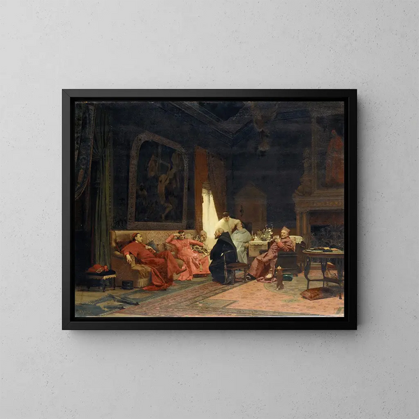Die Abenteuer des Missionars - Jehan Georges Vibert — gerahmtes Bild an der Wand