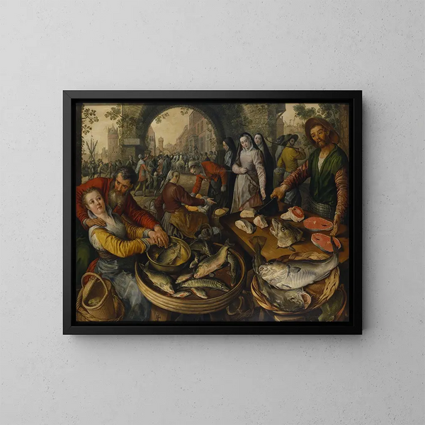Markt am Fischstand mit Ecce Homo - Joachim Beuckelaer — gerahmtes Bild an der Wand