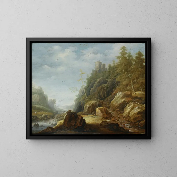 Ein Landschaftsbild der Rocky Mountains mit einer Festung auf einem Hügel, Hirten mit ihrer Herde im Hintergrund - Joachim Govertsz Camphuysen — gerahmtes Bild an der Wand