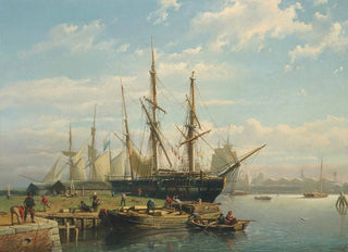Johan Adolph Rust - Dutch sailing ships at anchor in a river estuary.webp