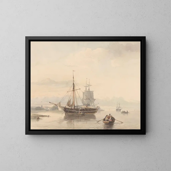 Flusslandschaft mit Booten und Segelschiffen - Johan Adolph Rust — gerahmtes Bild an der Wand