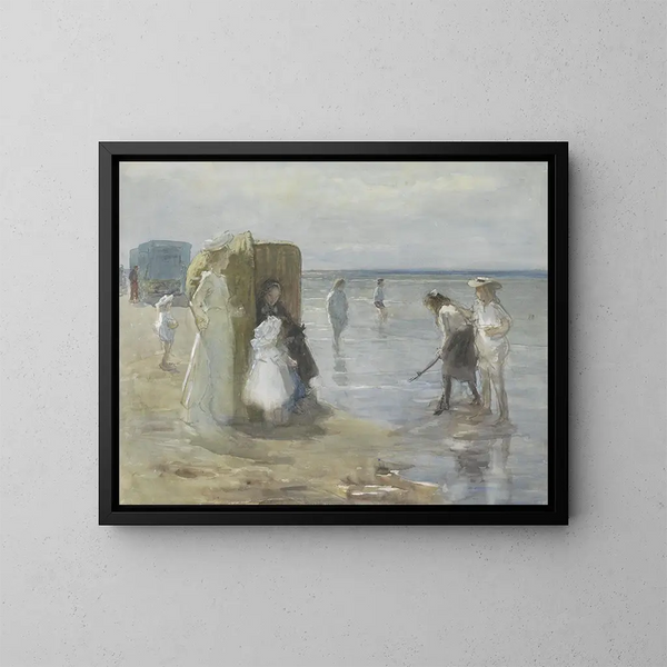 Blick entlang der Gezeitenlinie am Strand von Scheveningen mit zwei Damen und Kindern - Johan Antonie de Jonge — gerahmtes Bild an der Wand