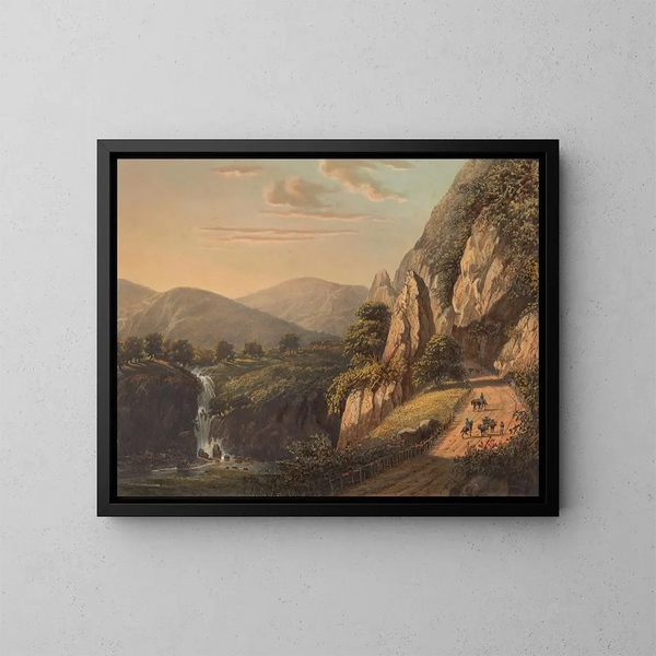 Ansicht eines Wasserfalls und eines Landwegs in Preanger auf Java im Sumandanschen - Johan Conrad Greive — gerahmtes Bild an der Wand