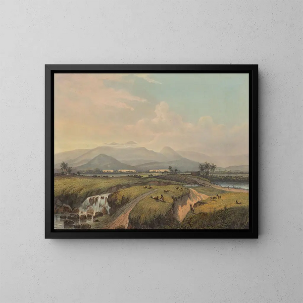 Ansicht auf die Berge von Java, Blick auf die Kawis-Berge und auf den Tabakbetrieb - Johan Conrad Greive — gerahmtes Bild an der Wand