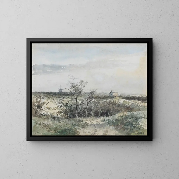 Blick auf den Dekkersduin mit der alten Gasfabrik und einer Mühle am Horizont - Johan Hendrik Weissenbruch — gerahmtes Bild an der Wand