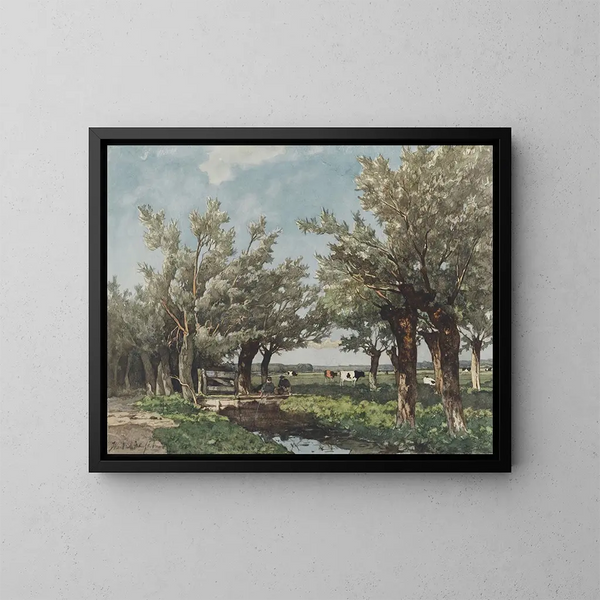 Landschaft mit einem Bach, an dem zwei Jungen angeln - Johan Hendrik Weissenbruch — gerahmtes Bild an der Wand