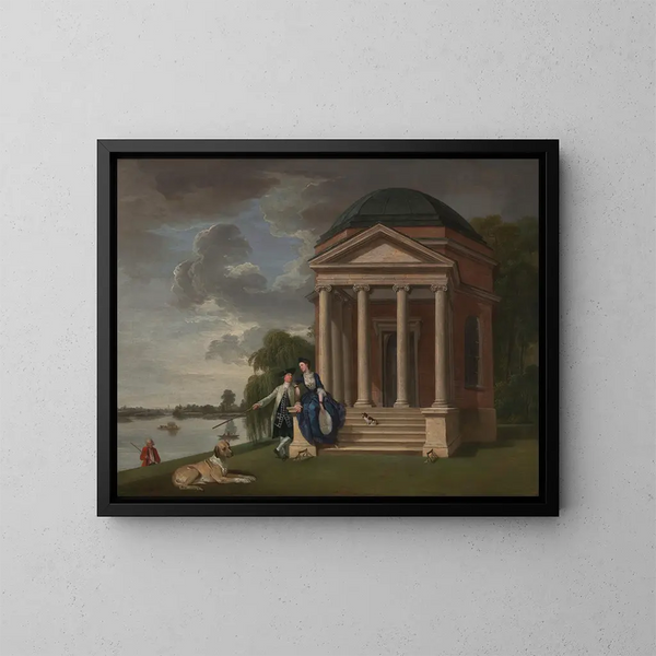 David Garrick und seine Frau vor seinem Tempel bei Shakespeare in Hampton - Johan Joseph Zoffany — gerahmtes Bild an der Wand