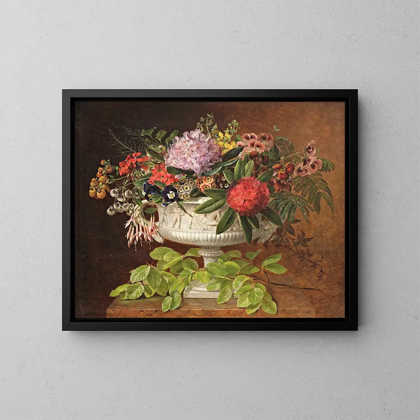 Fiori in un centrotavola su un davanzale in marmo con un ramo di faggio - Johan Laurentz Jensen — quadro incorniciato alla parete