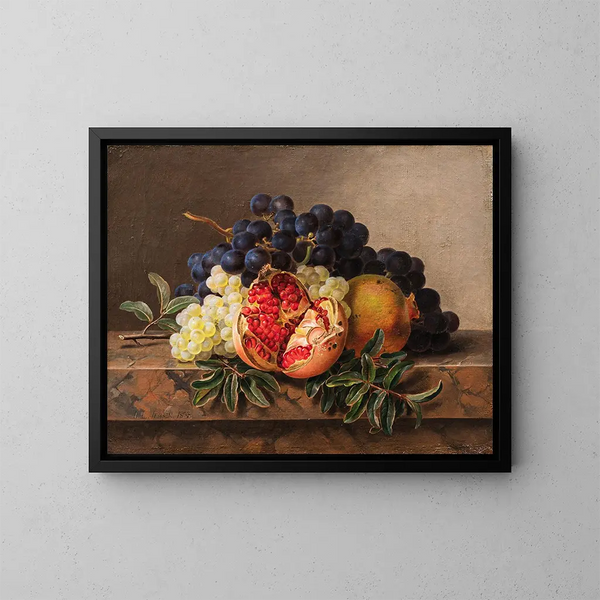 Grenades e uva verde e blu su una cornice in marmo - Johan Laurentz Jensen — quadro incorniciato alla parete