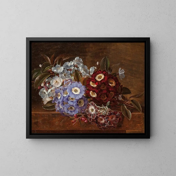 Nature morte con primule su un davanzale di marmo - Johan Laurentz Jensen — quadro incorniciato alla parete