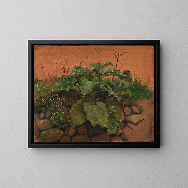 Un bardane e altre piante su un muro di pietra - Johan Thomas Lundbye — quadro incorniciato alla parete