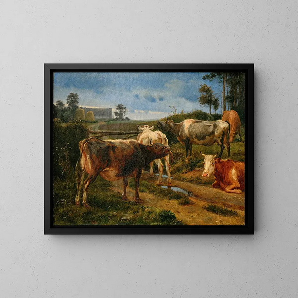 Mucche che brucano vicino alla porta del recinto - Johan Thomas Lundbye — quadro incorniciato alla parete