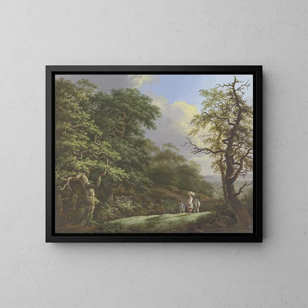 Chêne im Vordergrund, eine Frau mit einem Korb auf dem Kopf begleitet von einem Mann und einem Jungen - Johann Albrecht Friedrich Rauscher — gerahmtes Bild an der Wand