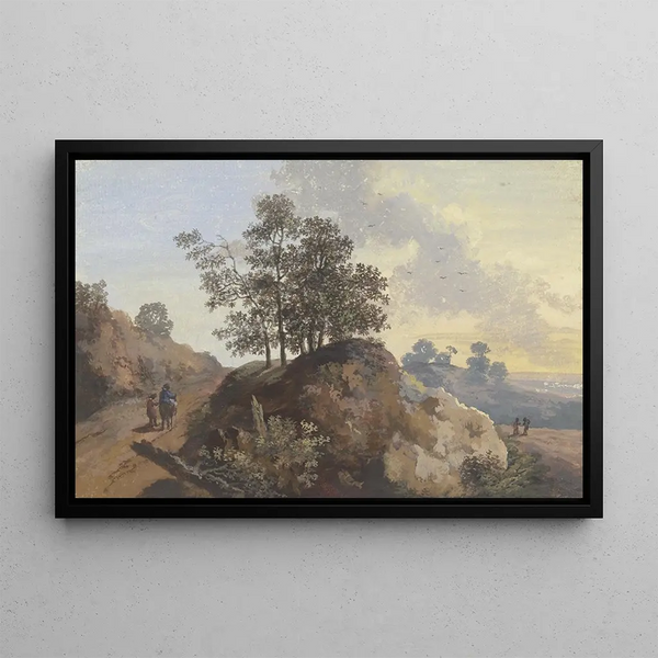 Johann Alexander Thiele - Baumpartie mit Felsen zwischen zwei Wegen links zwei Mnner einer beritten rechts zwei Figuren und Blick in die Ferne.webp