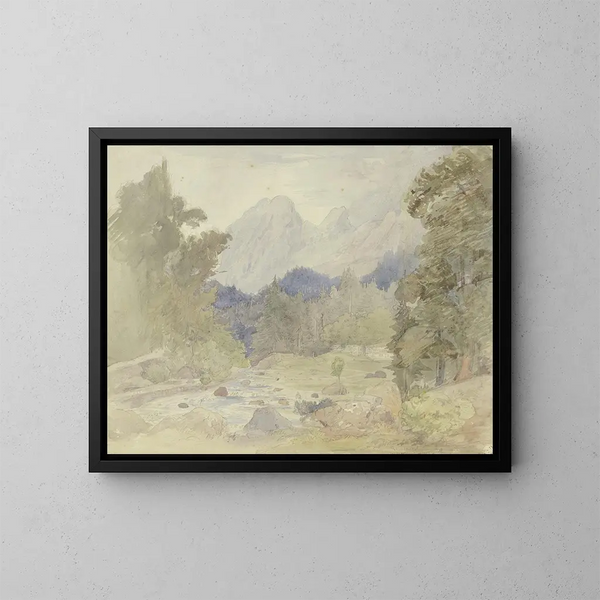 Landschaft mit Bergbach bei Berchtesgaden - Johann Balthasar Bauer — gerahmtes Bild an der Wand