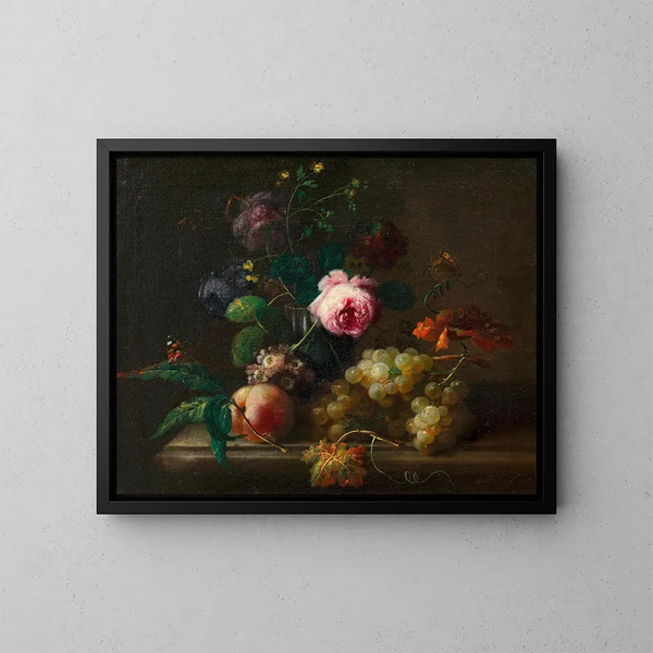 Natur stillleben mit Blumen und Früchten - Johann Baptist Drechsler — gerahmtes Bild an der Wand