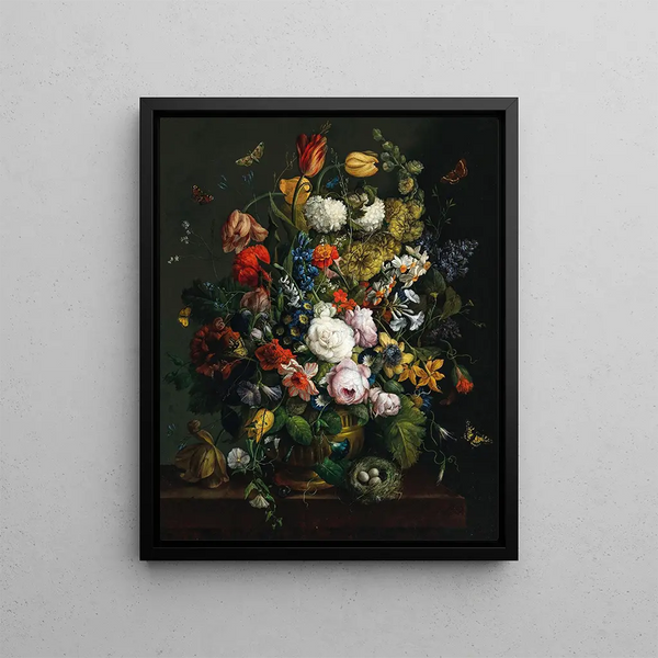 Johann Baptist Drechsler - Tulips daffodils roses and other flowers in a vase on a stone ledge with butterflies and a birds nest.webp