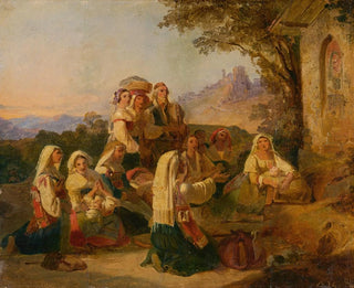 Johann Baptist Kirner - Italian peasants at prayer in front of a wayside shrine near Cervara.webp