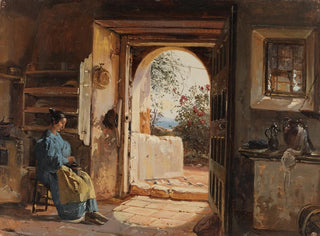 Johann Baptist Kirner - Italienische Stube mit einer sitzenden Kaffee mahlenden Frau die den Blick auf Garten und Meer freigibt.webp