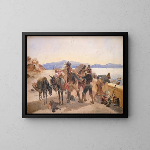 Des Diebe, die Reisende angreifen - Johann Baptist Kirner — gerahmtes Bild an der Wand