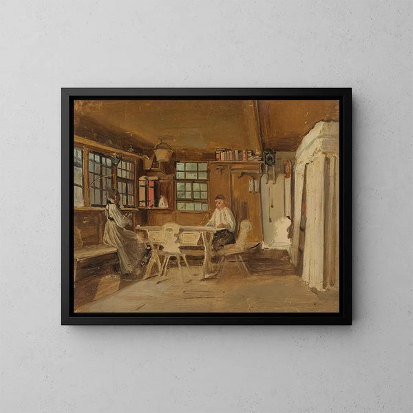 Bauernhof im Schwarzwald mit einer Bäuerin beim Stricken und einem Bauern beim Lesen - Johann Baptist Kirner — gerahmtes Bild an der Wand