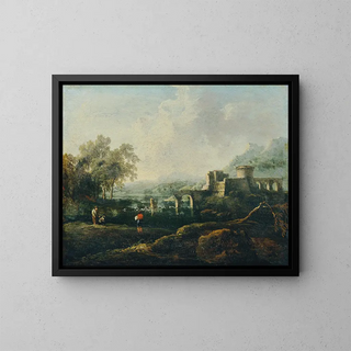 Johann Christian Brand - Ideale Landschaft mit Fluss und Brckenruine Der Morgen.webp