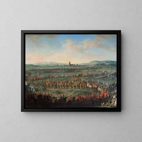 Eingang des Kaisers Franz I. Stephan und seines Sohnes Joseph II. in Frankfurt am 29. März 1764 - Johann Dallinger von Dalling — gerahmtes Bild an der Wand