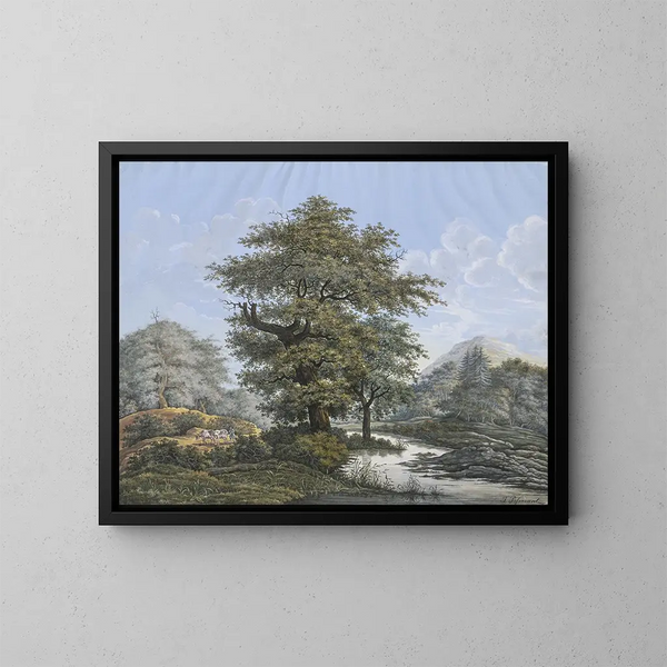 Paesaggio boscoso con quercia sul bordo di un fiume - Johann David Passavant — quadro incorniciato alla parete
