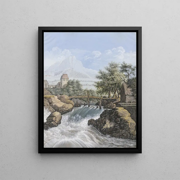 Johann David Passavant - Ein reiender Bach mit einer Brcke und Blick in ein Tal.webp