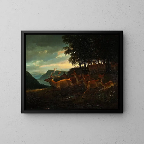 Hirsch im Wald - Johann Erdmann Gottlieb Prestel — gerahmtes Bild an der Wand