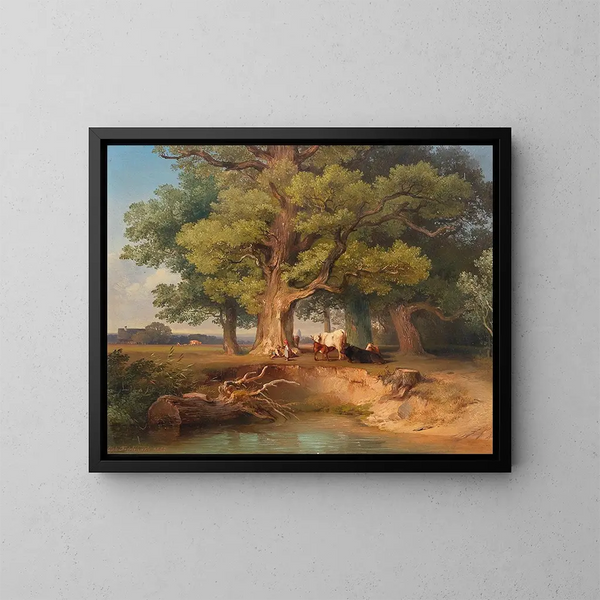 Landschaft mit Kühen und Hirten - Johann Fischbach — gerahmtes Bild an der Wand
