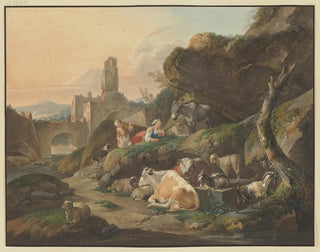 Johann Friedrich Morgenstern - Hirten auf Felsen eine Hirtin liegt vor einem Esel vorn Khe Schafe und Ziegen im Hintergrund Ruinen mit einer Brcke.webp