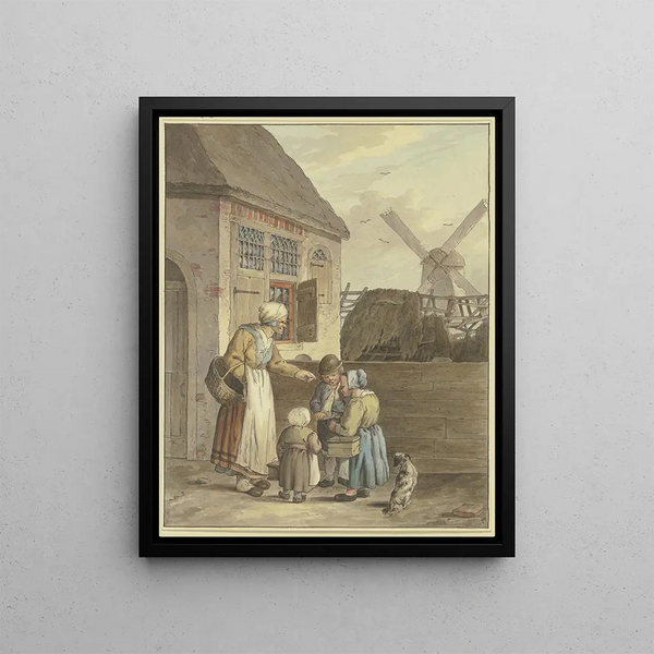 Johann Friedrich Morgenstern - Vor einem Haus drei Kinder bei einer alten Frau.webp