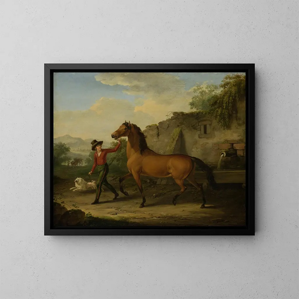 Ein Stallbursche, der ein Hengst zur Futterkrippe führt - Johann Georg Pforr — gerahmtes Bild an der Wand